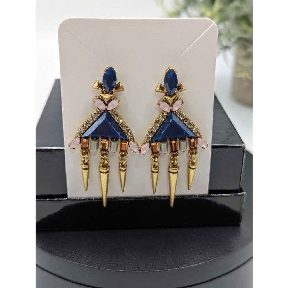 J. Crew Art Deco Style Blue Gold Tone Spear Dangle Rhinestone Earrings